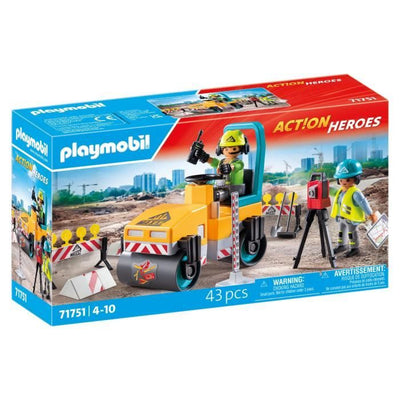 PLAYMOBIL 71751 Operai edili con rullo compressore e segnaletica, Eroi d'azione, Costruzione, 43 pezzi, dai 4 anni in su