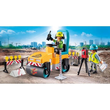 PLAYMOBIL 71751 Operai edili con rullo compressore e segnaletica, Eroi d'azione, Costruzione, 43 pezzi, dai 4 anni in su
