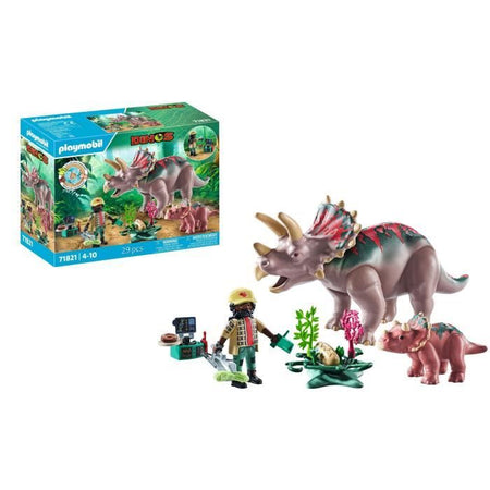 PLAYMOBIL 71821 Triceratopo con cucciolo ed esploratore, Dinos, 29 pezzi, dai 4 anni in su