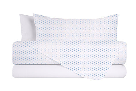 Completo letto lenzuola federe bifaccia double face stampa digitale in cotone made in italy POIS CELESTI SU BIANCO/BIANCO