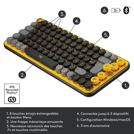 Tastiera wireless Logitech - Tasti POP meccanici con tasti Emoji personalizzabili, Bluetooth o USB, design compatto e durevole - Giallo