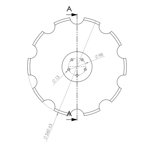 Disco frangizolle dentato Ø 560mm sp. 6mm con 5 fori satellite Confezione da 1pz