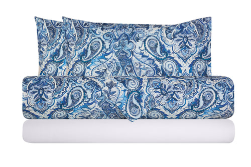 Completo letto lenzuola federe stampa digitale 100% cotone, made in italy PAISLEY AZZURRO