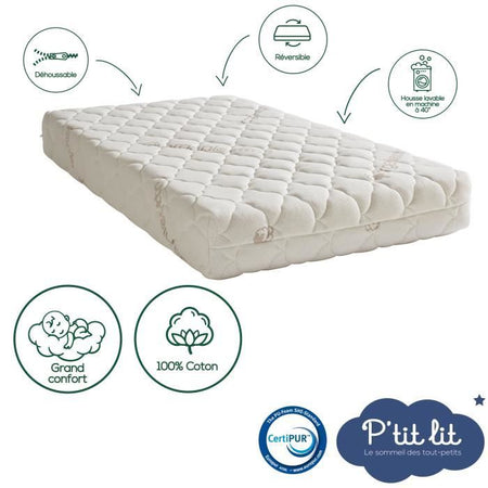 Materasso per bambini in cotone organico - 60x120x10 cm - 100% cotone - Rivestimento sfoderabile - Nessun trattamento chimico