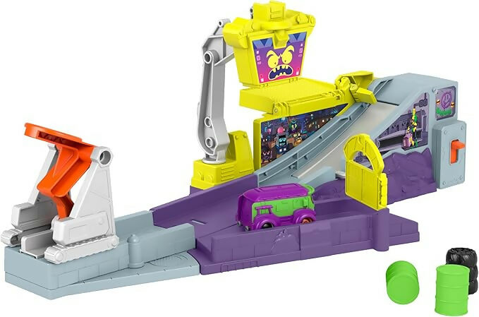 Fisher-Price DC Batwheels - Quartier generale di Lancio della Legion of Zoom, playset con con macchinina, rampa, lanciatore e Furgoncino Prank di Joker