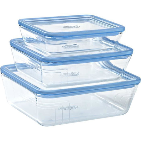 Set di 3 contenitori per alimenti con coperchio - PYREX - Plastica Zero - Vetro - Rettangolari - 0,8/1,5/2,6 L