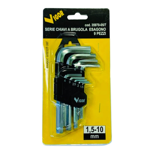 Serie Chiavi a Brugola Esagono Cromo Vanadio 9 Pezzi Supp 1,5-10 mm Vigor