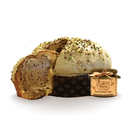 Panettone Artigianale con Cioccolato Siciliano e Pistacchio e Vaso di Crema Spalmabile 940gr