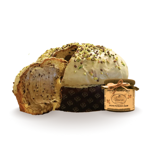 Panettone Artigianale con Cioccolato Siciliano e Pistacchio e Vaso di Crema Spalmabile 940gr