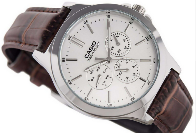 Orologio CAsio per uomo, MTP-V300L-7A, cinturino in pelle marrone, cronografo, movimento al quarzo, quadrante argento