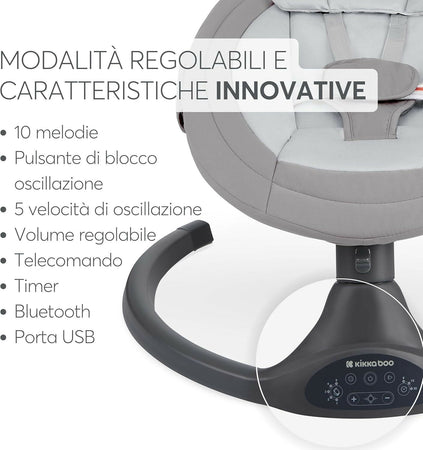 KIKKABOO Sdraietta Neonati Elettrica CODIE - Dondolo Elettrico per Neonati con Bluetooth, 5 Velocità, Schienale Regolabile, 10 Melodie, Fino a 9 kg, colore LIGHT GREY - GRIGIO CHIARO - con Telecomando - rilassante, calmante