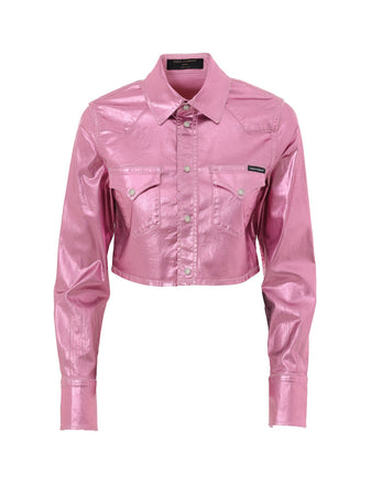 Dolce &amp; Gabbana Camicia Cropped in Tessuto Stretch Lurex Rosa Metal da donna