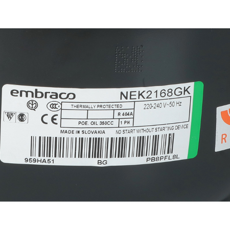 Compressore embraco NEK2168GK Hp. 3/4 GAS R404 R507 CC. 14,30 LPB Monta su celle frigo banchi frigo ecc..