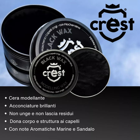 Cera Capelli Nera Crest Black Wax – Cera Modellante Riflessante Tenuta Media, Copre Capelli Grigi, Effetto Naturale Lucido Non Ungente