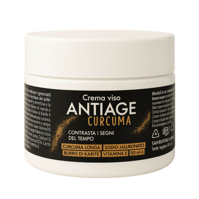 Crema Viso Antiage Oro Naturale alla Curcuma – Trattamento Illuminante con Sodio Ialuronato e Karité – Nutriente Giorno & Notte 50ml