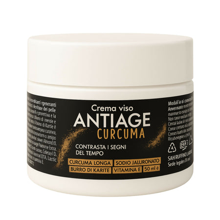 Crema Viso Antiage "Oro Naturale" alla Curcuma – Trattamento Illuminante con Sodio Ialuronato e Karité – Nutriente Giorno & Notte 50ml