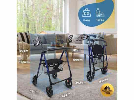 Rollator 4 ruote in alluminio con freni, modello Augusto, colore blu