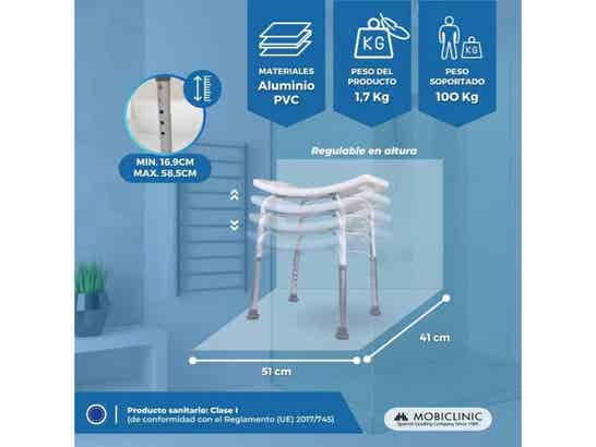 Sedia da bagno San Fermín in alluminio e PVC, regolabile, senza schienale
