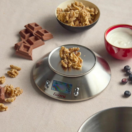 Girmi PS85 Bilancia da cucina digitale con ciotola acciaio inox pesa alimenti 1 G -5 Kg Display Led Argento Grigio