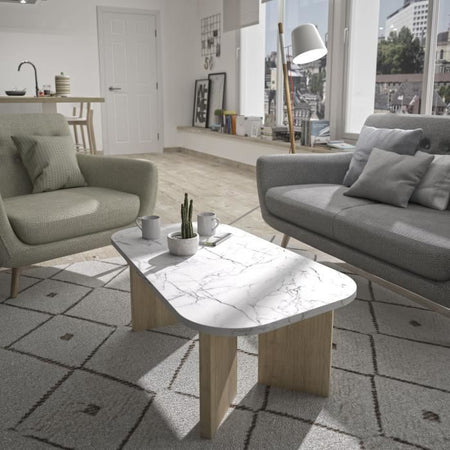 Tavolino ovale - QUARTZ - Effetto marmo bianco - Gambe spesse in rovere - 105 x 58 x 39 cm - DIAGONE