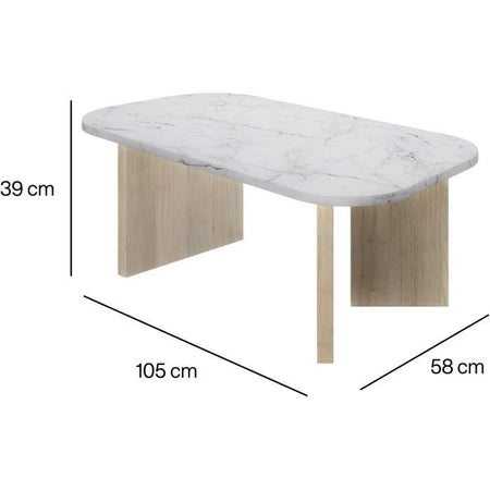 Tavolino ovale - QUARTZ - Effetto marmo bianco - Gambe spesse in rovere - 105 x 58 x 39 cm - DIAGONE