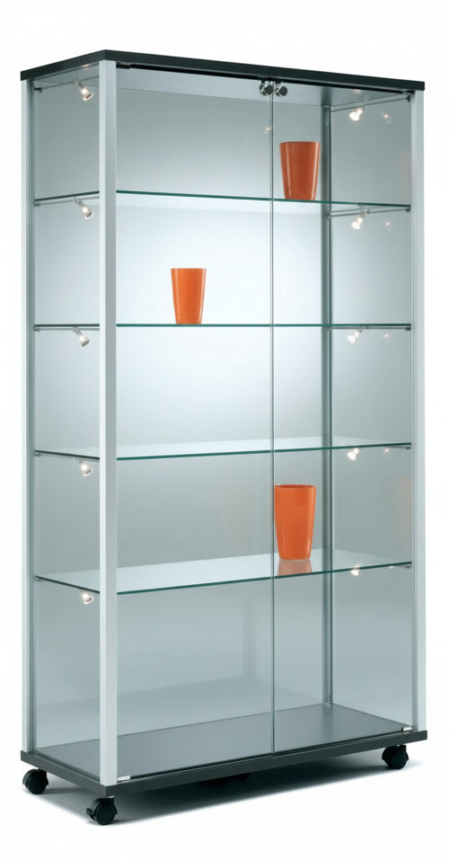 Vetrina espositiva con telaio in alluminio anodizzato e top in laminato cm. 79x53x183,5h