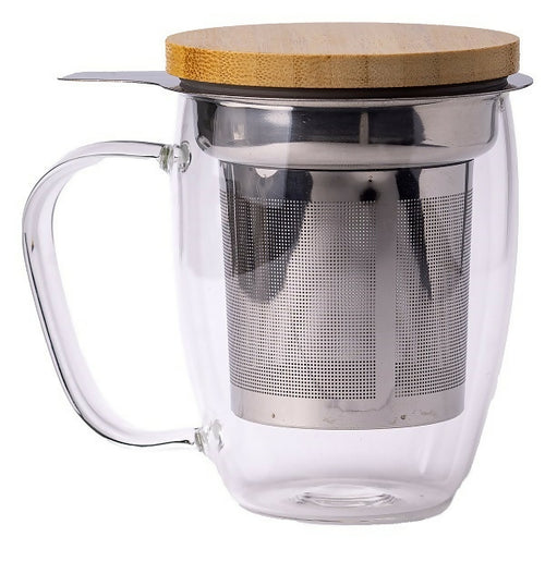 Accademia della tisana - KAIA tisaniera in vetro borosilicato con filtro in acciao inox e coperchio in legno - 380ml