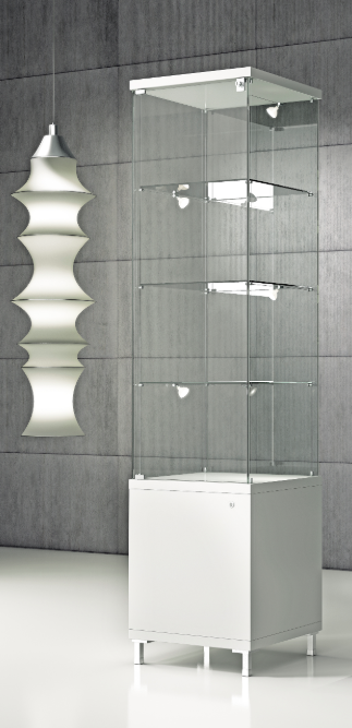 Vetrina espositiva su piedi fissi rialzati con mobile basso colore bianco lucido cm. 45x45x190h