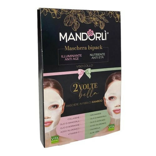 mandorlì maschera bipack illuminante antiage + nutriente antietà viso e collo maschere in fibra di bamboo