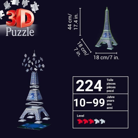 Ravensburger-Puzzle 3D Torre Eiffel fosforescente 50 anni-Da 10 anni-216p numerato da montare senza colla-Accessori inclusi-11591