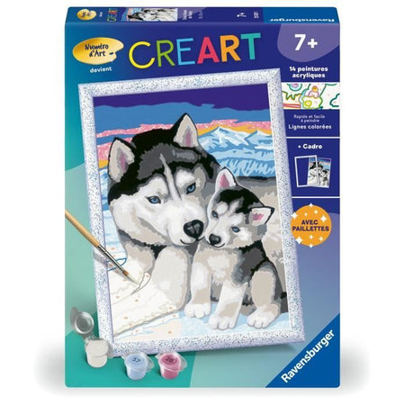 CreArt Kids 18x24cm Dolci baci di Husky, Kit di pittura con i numeri, Numero d'arte, Età 7+, 25829, Ravensburger