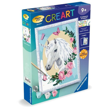 CreArt Kids 18x24cm Unicorno fiorito, età 9+, Kit di pittura con i numeri, Numero d'arte, 25834, Ravensburger
