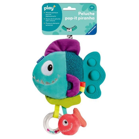 Ravensburger -PLAY + - Peluche piranha pop-it blu - Dalla nascita - Versione francese - 34016