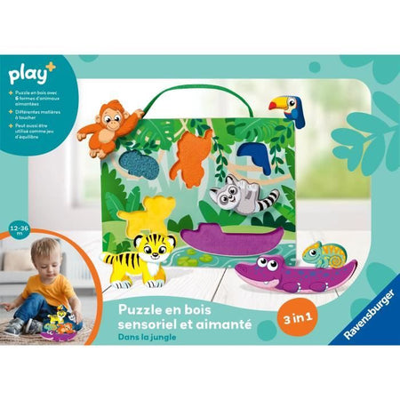Ravensburger -PLAY + - Puzzle in legno sensoriale e magnetico Nella giungla - Da 1 anno - Versione francese - 34017
