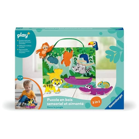 Ravensburger -PLAY + - Puzzle in legno sensoriale e magnetico Nella giungla - Da 1 anno - Versione francese - 34017