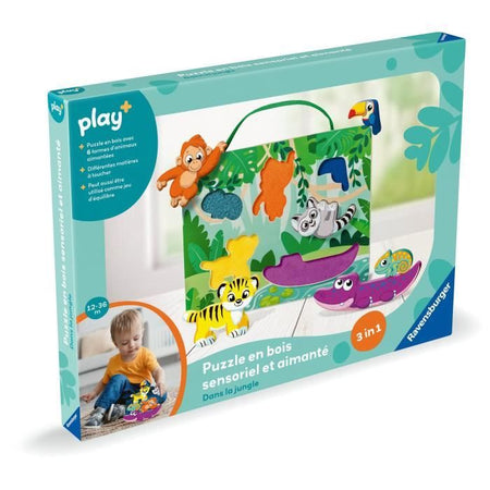 Ravensburger -PLAY + - Puzzle in legno sensoriale e magnetico Nella giungla - Da 1 anno - Versione francese - 34017