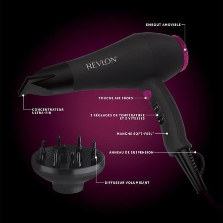 Asciugacapelli - REVLON - RVDR5251E - Perfect Heat - 2000 W - Motore AC - 2 velocità - Nero / Rosa
