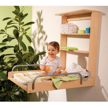 Fasciatoio pieghevole da parete - ROBA - DSCHUNGELBABY - Materasso a righe multicolore incluso - 2 ripiani integrati - Legno naturale