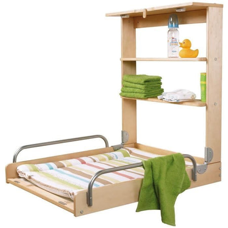 Fasciatoio pieghevole da parete - ROBA - DSCHUNGELBABY - Materasso a righe multicolore incluso - 2 ripiani integrati - Legno naturale