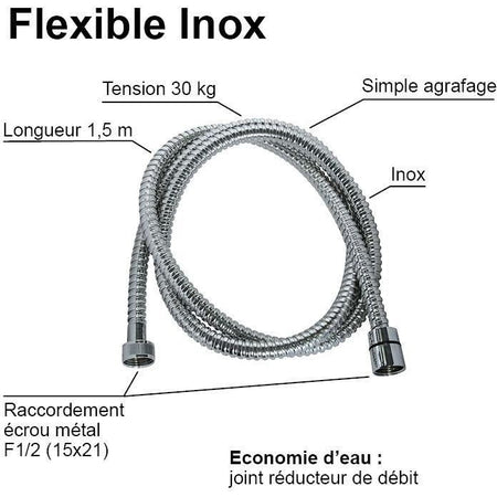 Flessibile doccia - ROUSSEAU - Dadi metallici - Crimpature di sicurezza - Lunghezza 1,50 m - Acciaio inox cromato a presa singola