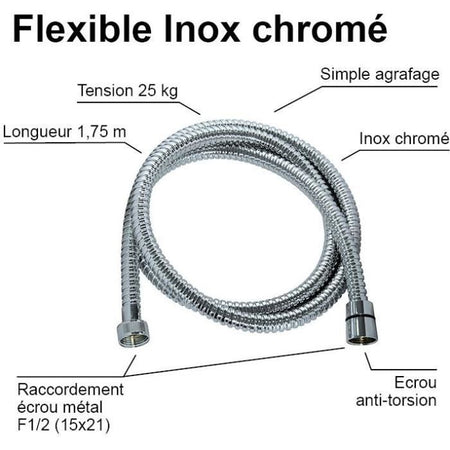 Flessibile doccia - ROUSSEAU - Dadi metallici antitorsione - Pressione 1 bar - Lunghezza 1,75 m - Acciaio inox cromato a doppia graffatura