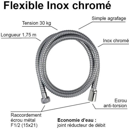 Flessibile doccia - ROUSSEAU - Dado metallico antitorsione - Crimpature di sicurezza - Lunghezza 1,75 m - Acciaio inox cromato a presa singola