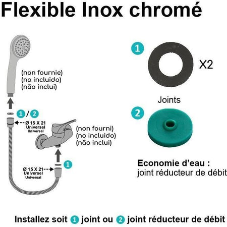 Flessibile doccia - ROUSSEAU - Dado metallico antitorsione - Crimpature di sicurezza - Lunghezza 1,75 m - Acciaio inox cromato a presa singola