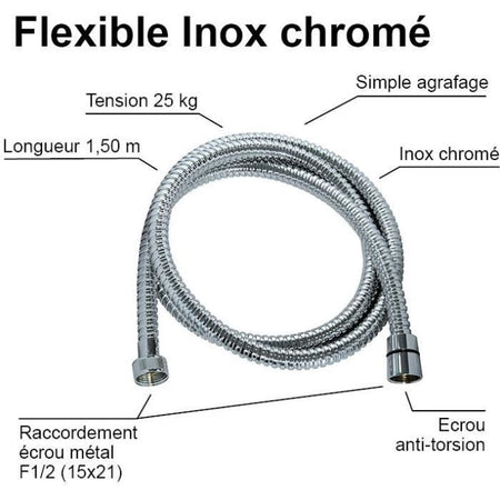 Flessibile doccia - ROUSSEAU - Raccordo universale - Dimensioni compatte - Dadi metallici - Lunghezza 1,50 m - Acciaio inox cromato a presa singola