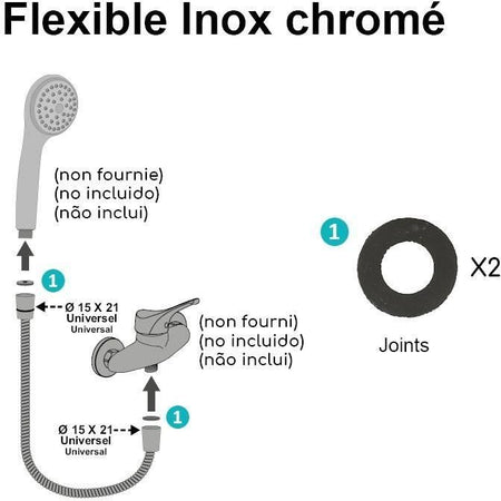 Flessibile doccia - ROUSSEAU - Raccordo universale - Dimensioni compatte - Dadi metallici - Lunghezza 1,50 m - Acciaio inox cromato a presa singola