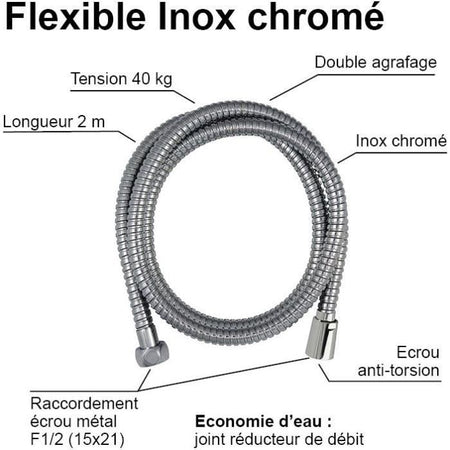 Flessibile doccia - ROUSSEAU - Dadi metallici antitorsione - Riduzione di portata - Lunghezza 2 m - Acciaio inox cromato a doppia graffatura