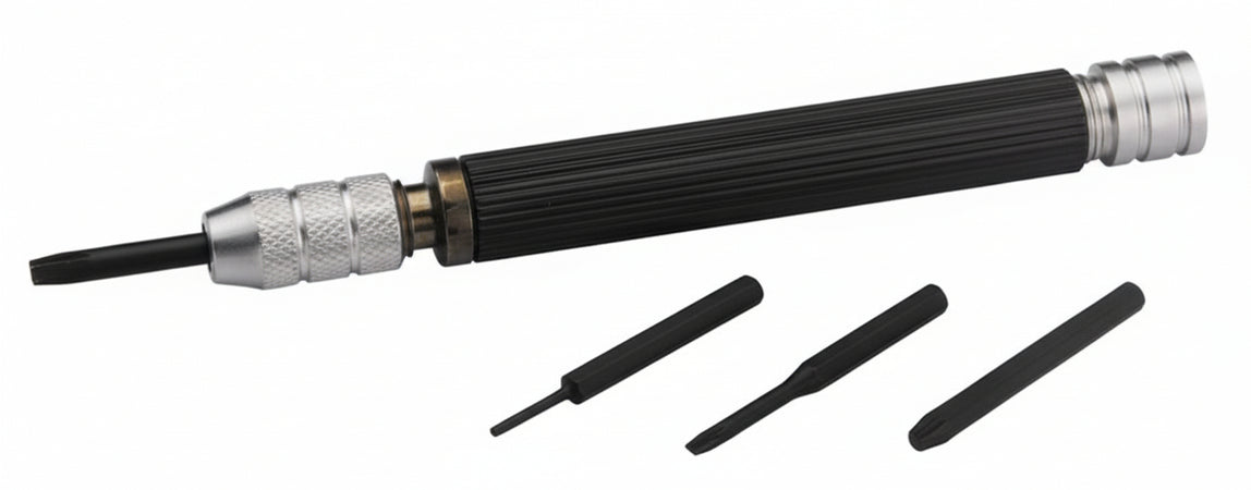 Giravite con 2 lame a taglio, 1 a croce,1 spingiperni / 4 heads screwdriver (2 flat,1 cross,1 spring bar pusher)