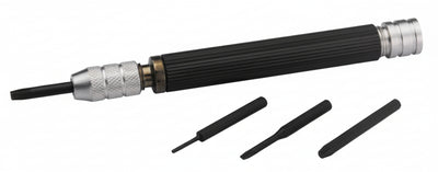 Giravite con 2 lame a taglio, 1 a croce,1 spingiperni / 4 heads screwdriver (2 flat,1 cross,1 spring bar pusher)