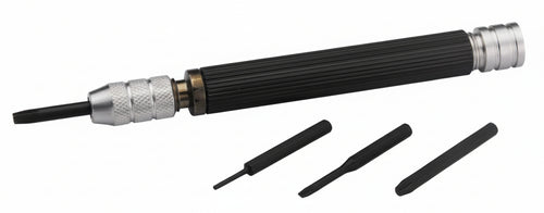 Giravite con 2 lame a taglio, 1 a croce,1 spingiperni / 4 heads screwdriver (2 flat,1 cross,1 spring bar pusher)