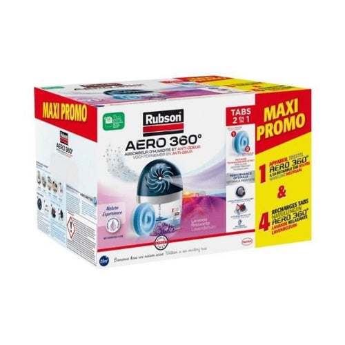Assorbiumidità - RUBSON - MAXI PROMO - 4 ricariche Lavanda + 1 dispositivo Aero 360 20 mq